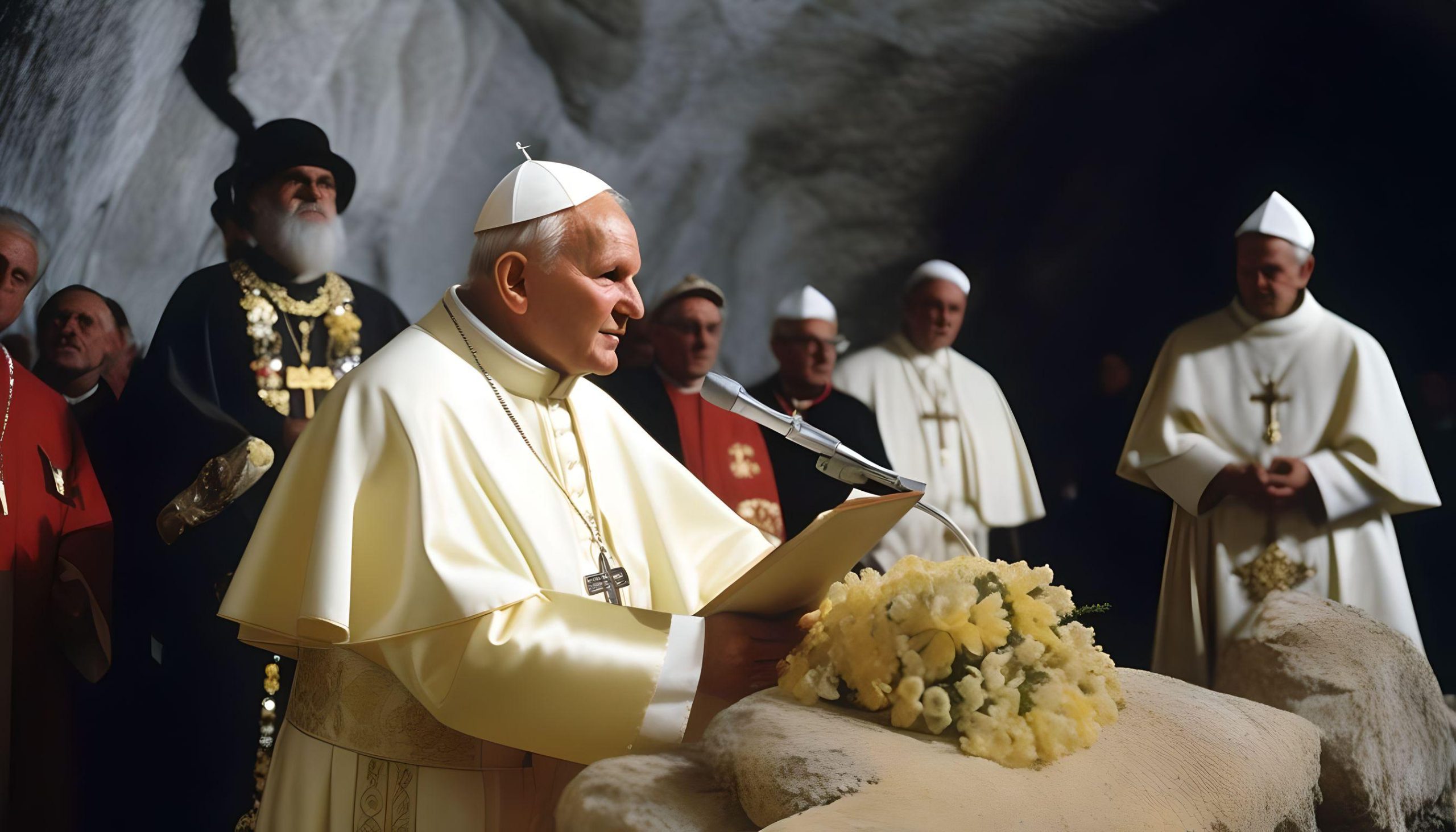 Sermão do papa João Paulo II na Mina de Sal de Wieliczka, imaginado pela IA