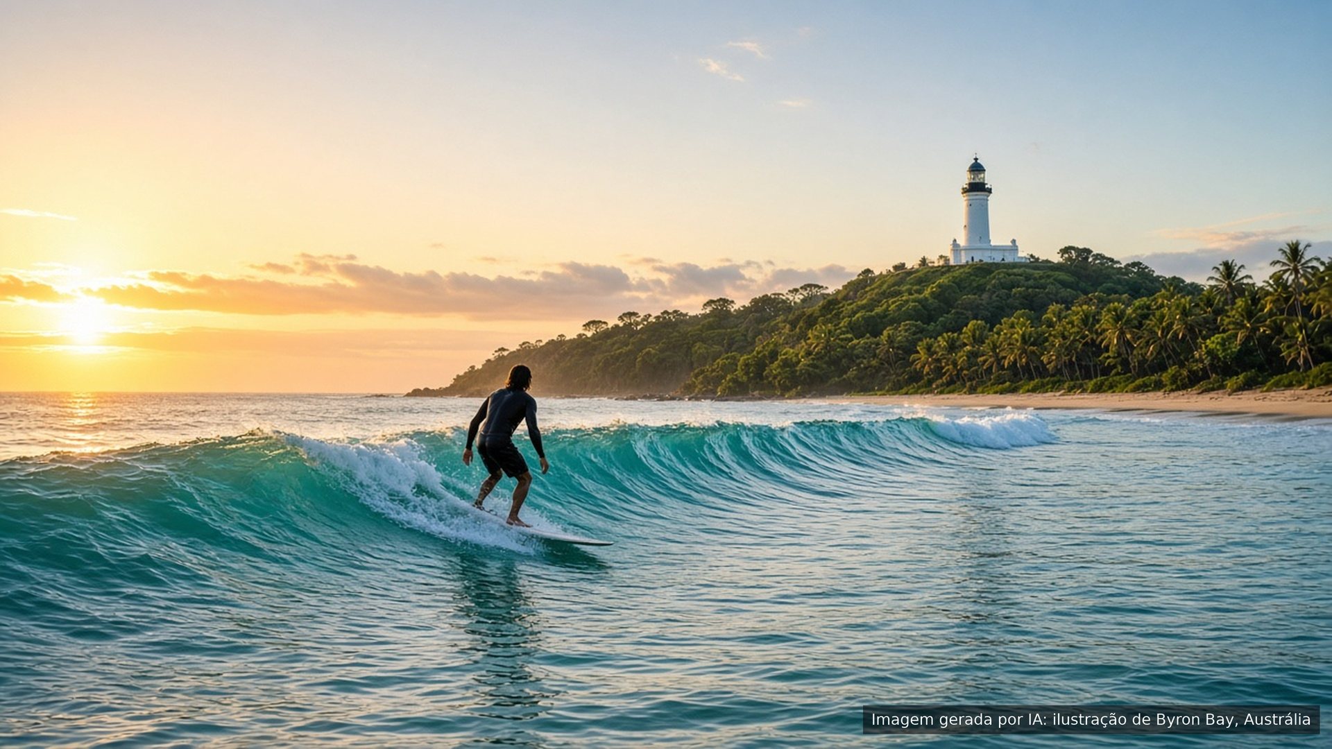 Imagem gerada por IA: um surfista ao nascer do sol sob o farol de Byron Bay, Austrália