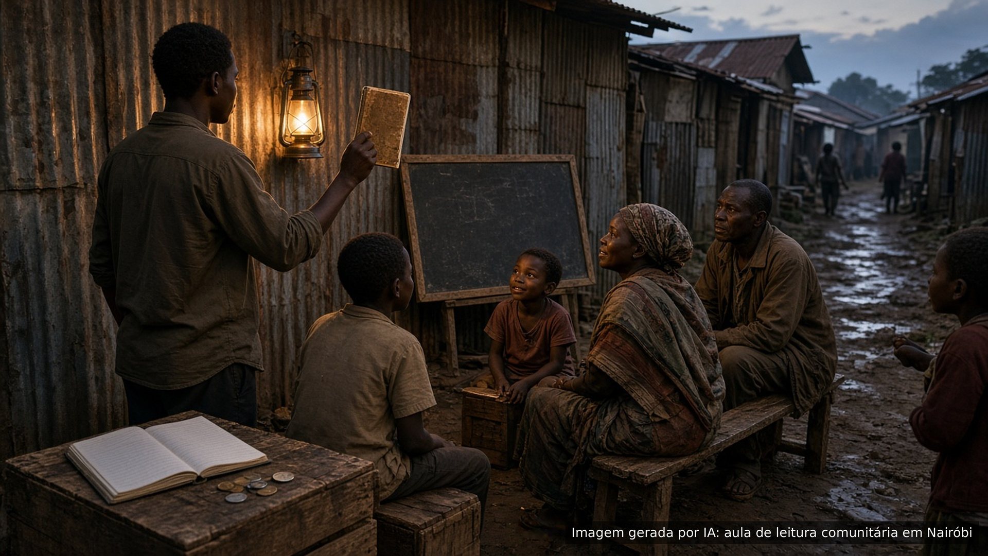 Imagem gerada por IA: um jovem ensina os vizinhos a ler à luz de um lampião, em Nairóbi