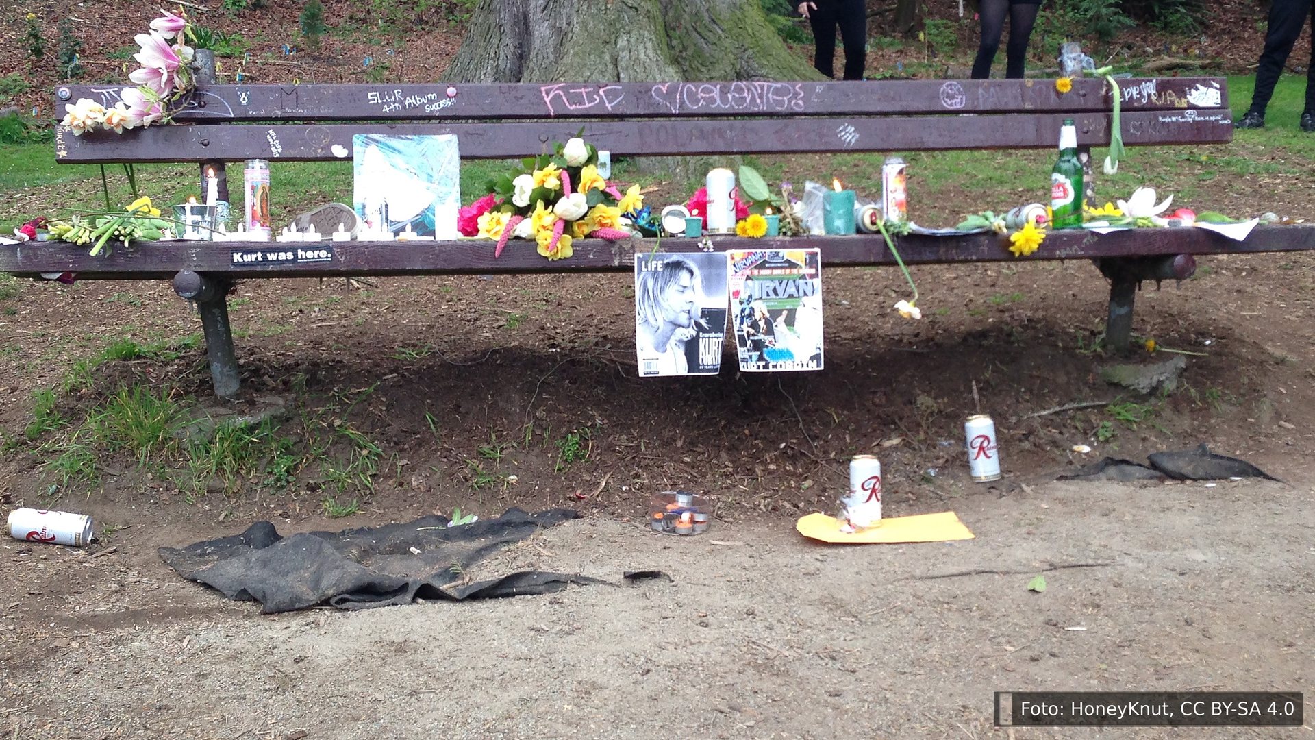 O banco em memória de Kurt Cobain no Viretta Park, em Seattle, coberto de flores